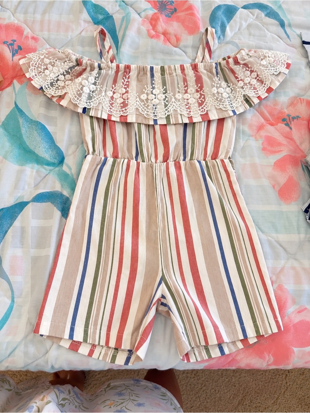 Striped Off-Shoulder Lace-Trim Romper in Multicolor